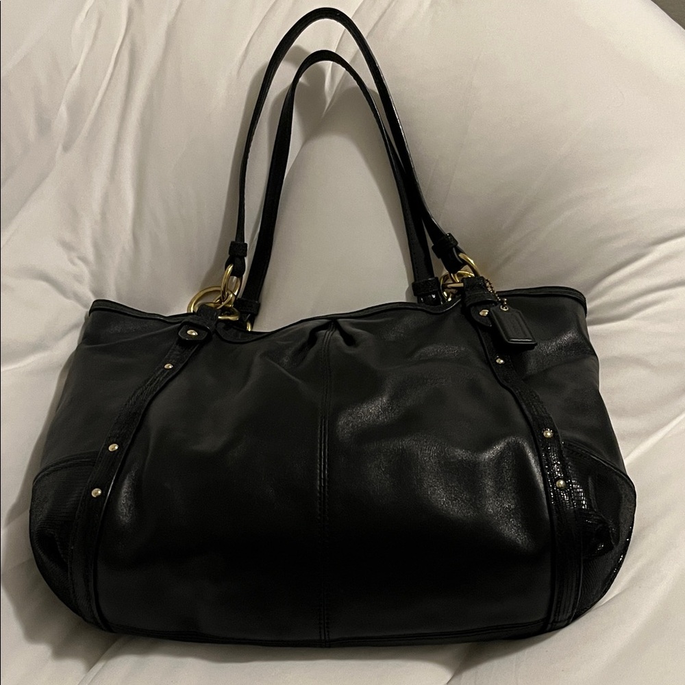 Coach Black Leather Shoulder Bag with Gold Hardware